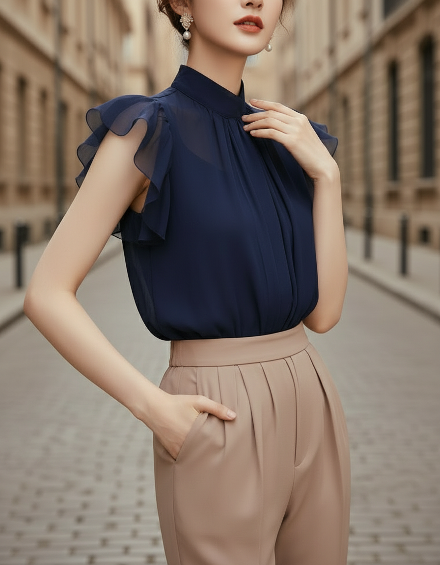Chiffon Mandarin-Collar Ruffle Sleeve Blouse