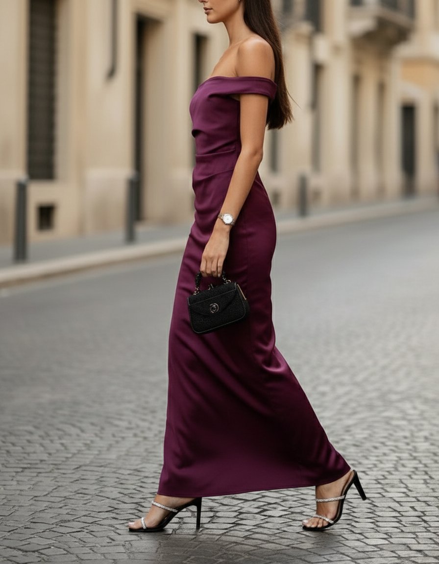 Satin Off-Shoulder Ruched Maxi Dress