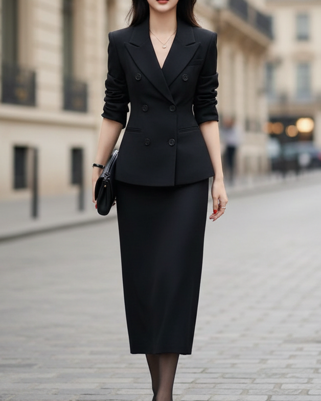 Elegant Two-Piece Suit With Tailored Blazer And Pencil Skirt