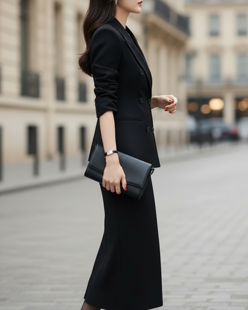 Elegant Two-Piece Suit With Tailored Blazer And Pencil Skirt