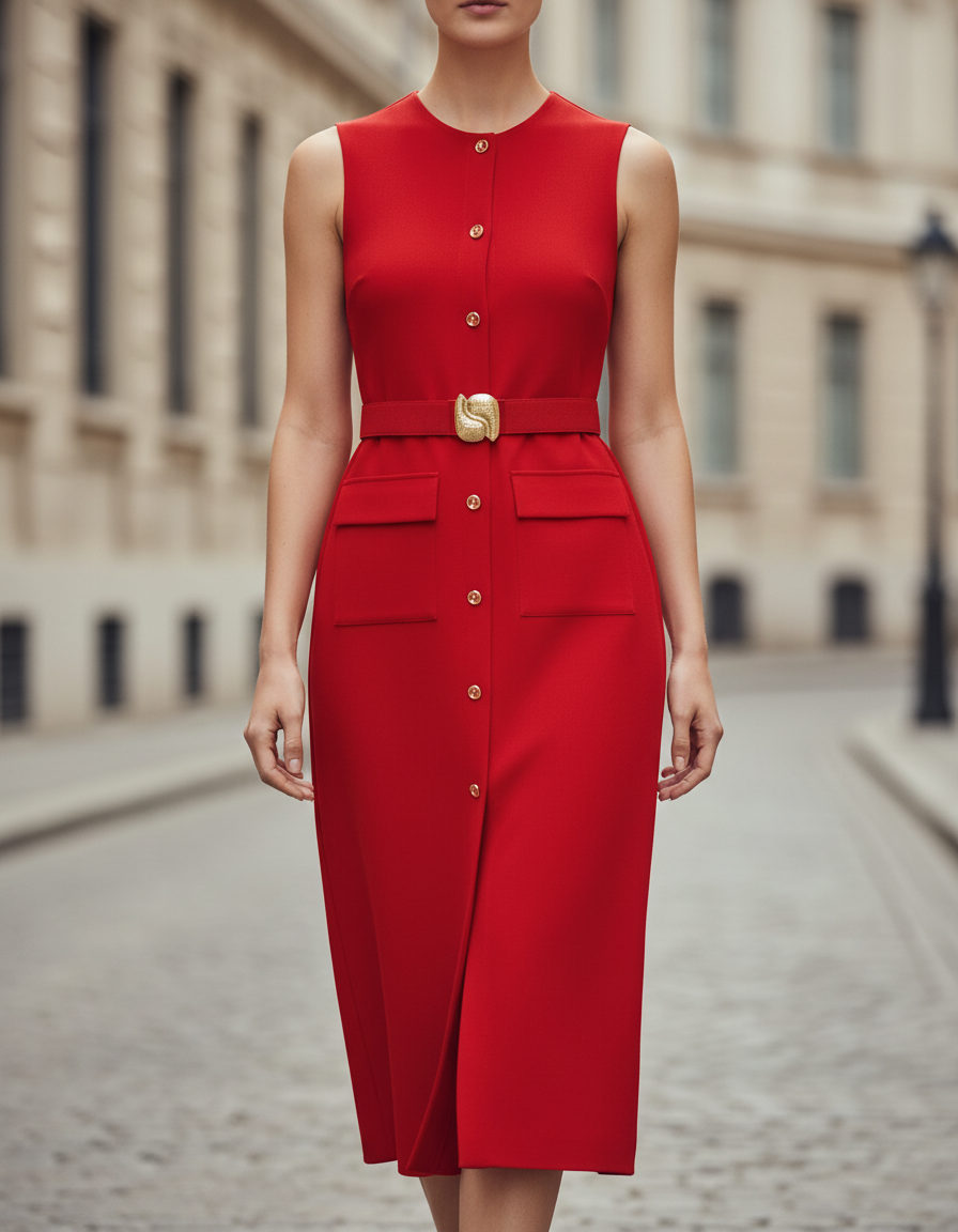 Elegant Button-Front Belted Sleeveless Midi Dress