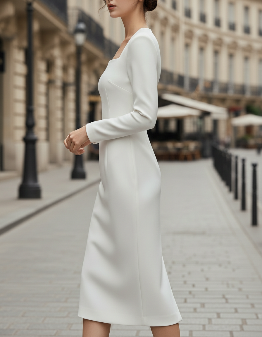 Structured Square-Neck Long Sleeve Midi Dress