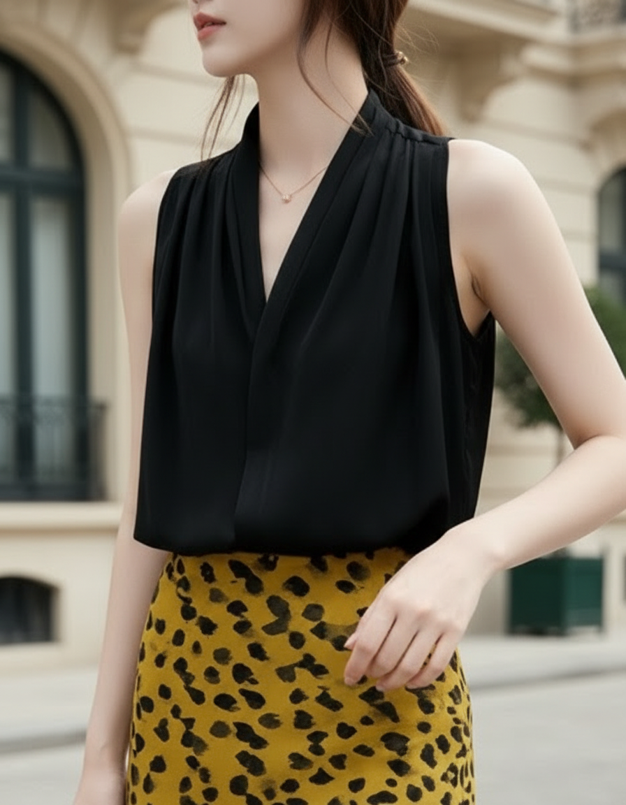 Draped Sleeveless Satin Top - Blouse