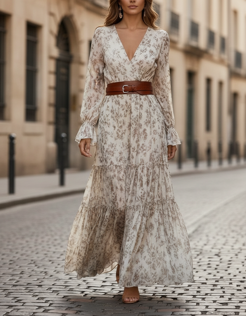 Romantic Floral Chiffon Maxi Dress With Belted Waist