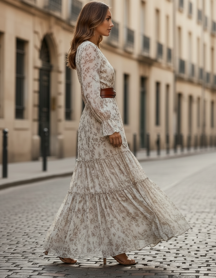 Romantic Floral Chiffon Maxi Dress With Belted Waist