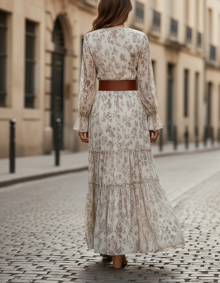 Romantic Floral Chiffon Maxi Dress With Belted Waist