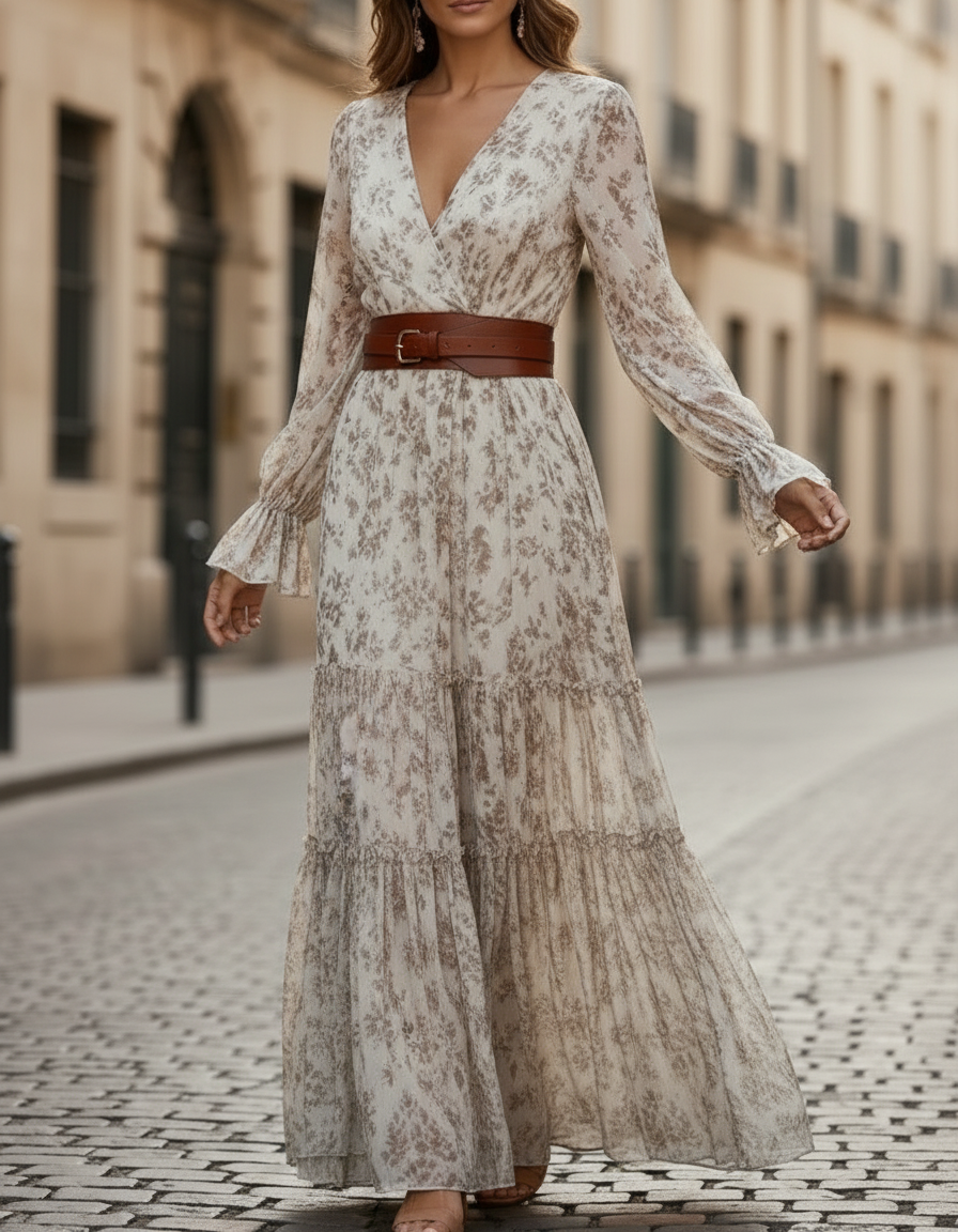 Romantic Floral Chiffon Maxi Dress With Belted Waist