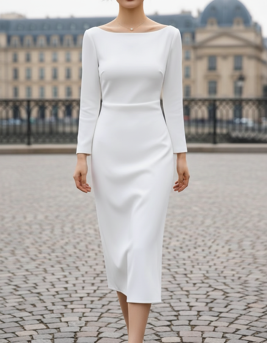 Elegant Boat-Neck Long Sleeve Midi Dress
