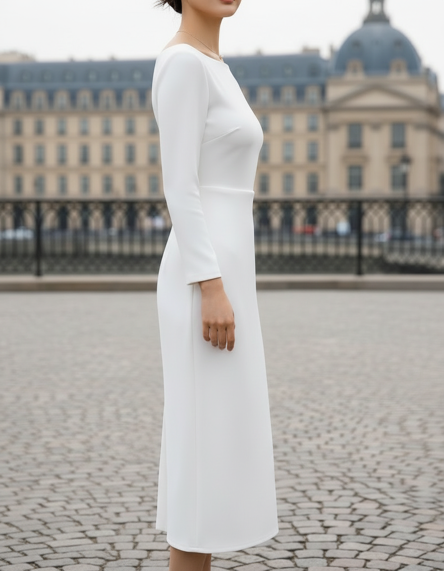 Elegant Boat-Neck Long Sleeve Midi Dress