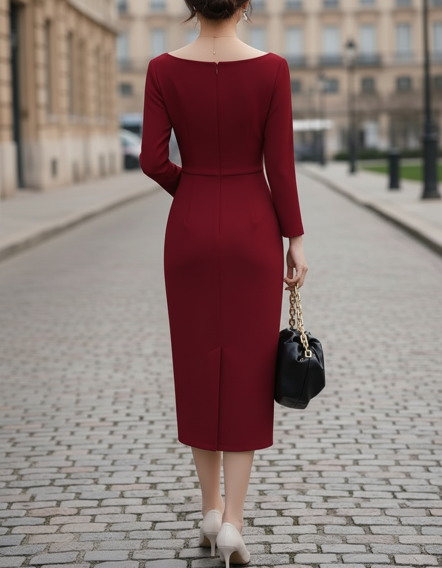 Elegant Boat-Neck Long Sleeve Midi Dress