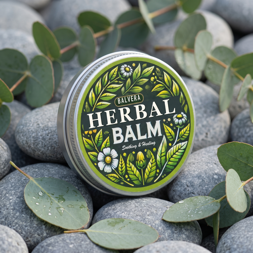 BALVERA herbal balm tin resting on river stones with eucalyptus