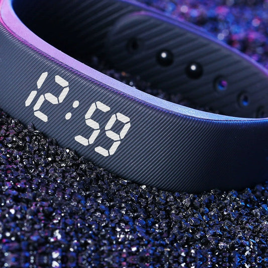 Hushrise silent vibration wake band in Deep Navy showing the time display
