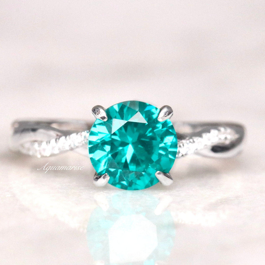 Twisted Band Round Cut Paraiba Tourmaline Ring in Sterling Silver shine of diamond
