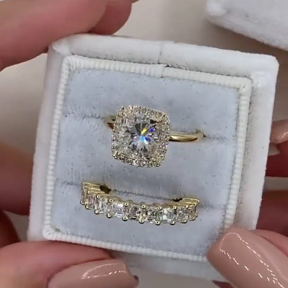 Radiant Cut Halo Sterling Silver Bridal Set shine of diamond