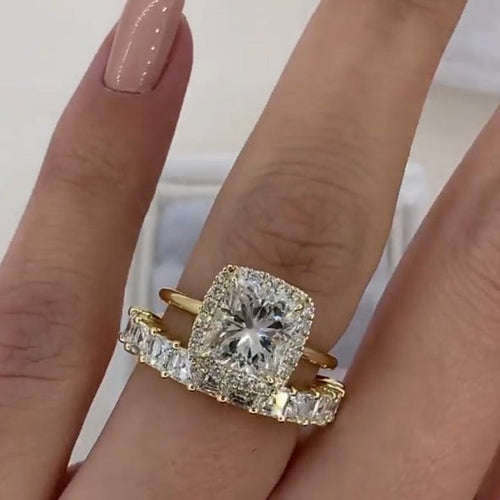 Radiant Cut Halo Sterling Silver Bridal Set shine of diamond