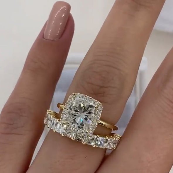 Radiant Cut Halo Sterling Silver Bridal Set shine of diamond