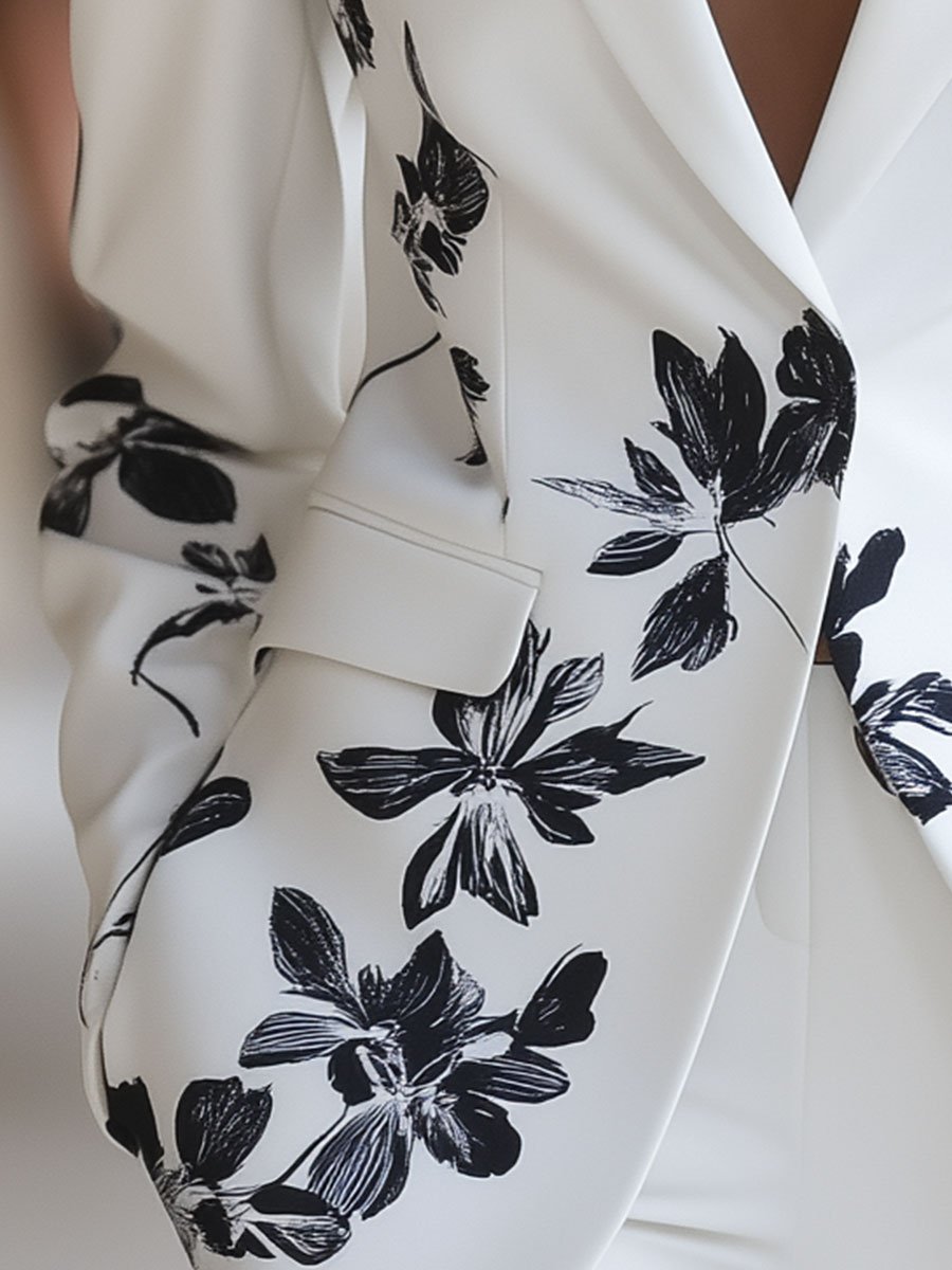 White Blazer with Bold Black Floral Printed ZJ