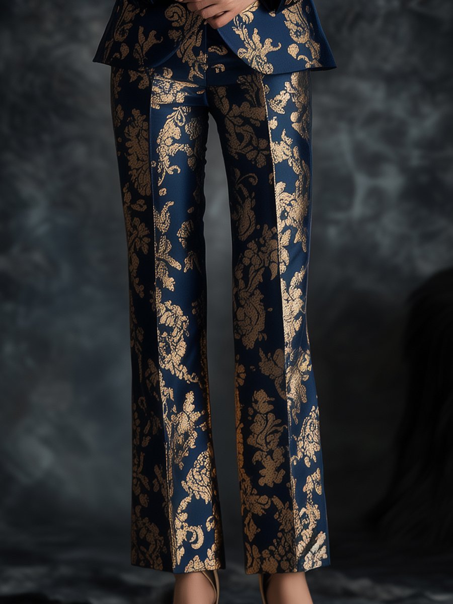 Opulent Royal Blue Satin Suit with Golden Ornate Motifs Printed ZJ
