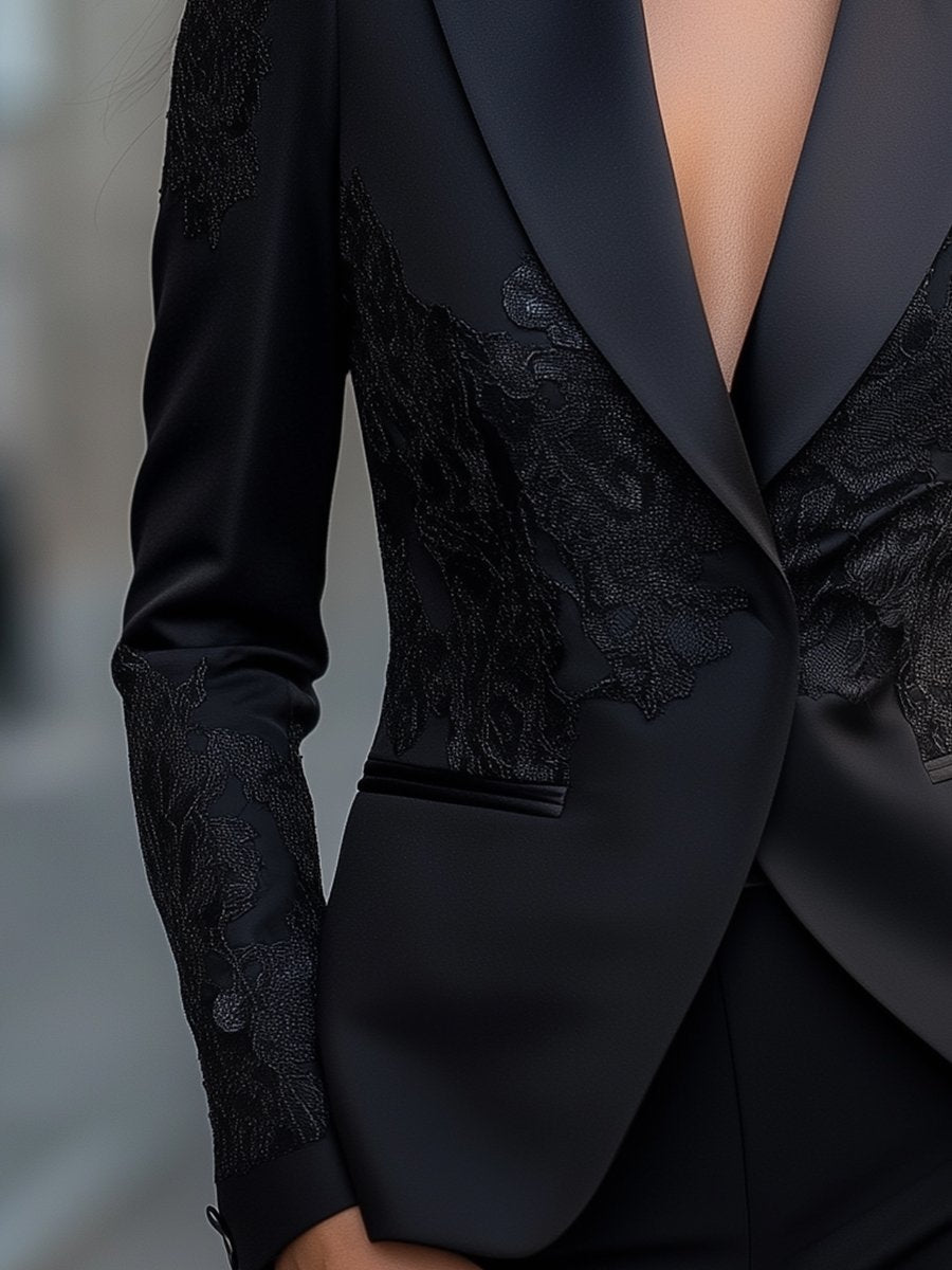 Black Satin Lace Pattern Embroidery Blazer ZJ