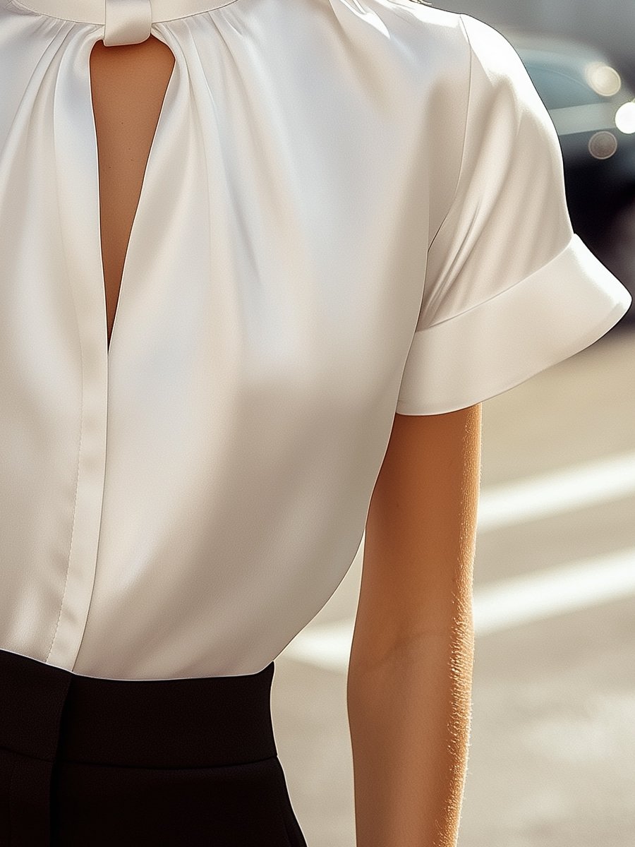 Sophisticated White Satin Blouse with Modern Keyhole Neckline MLZ