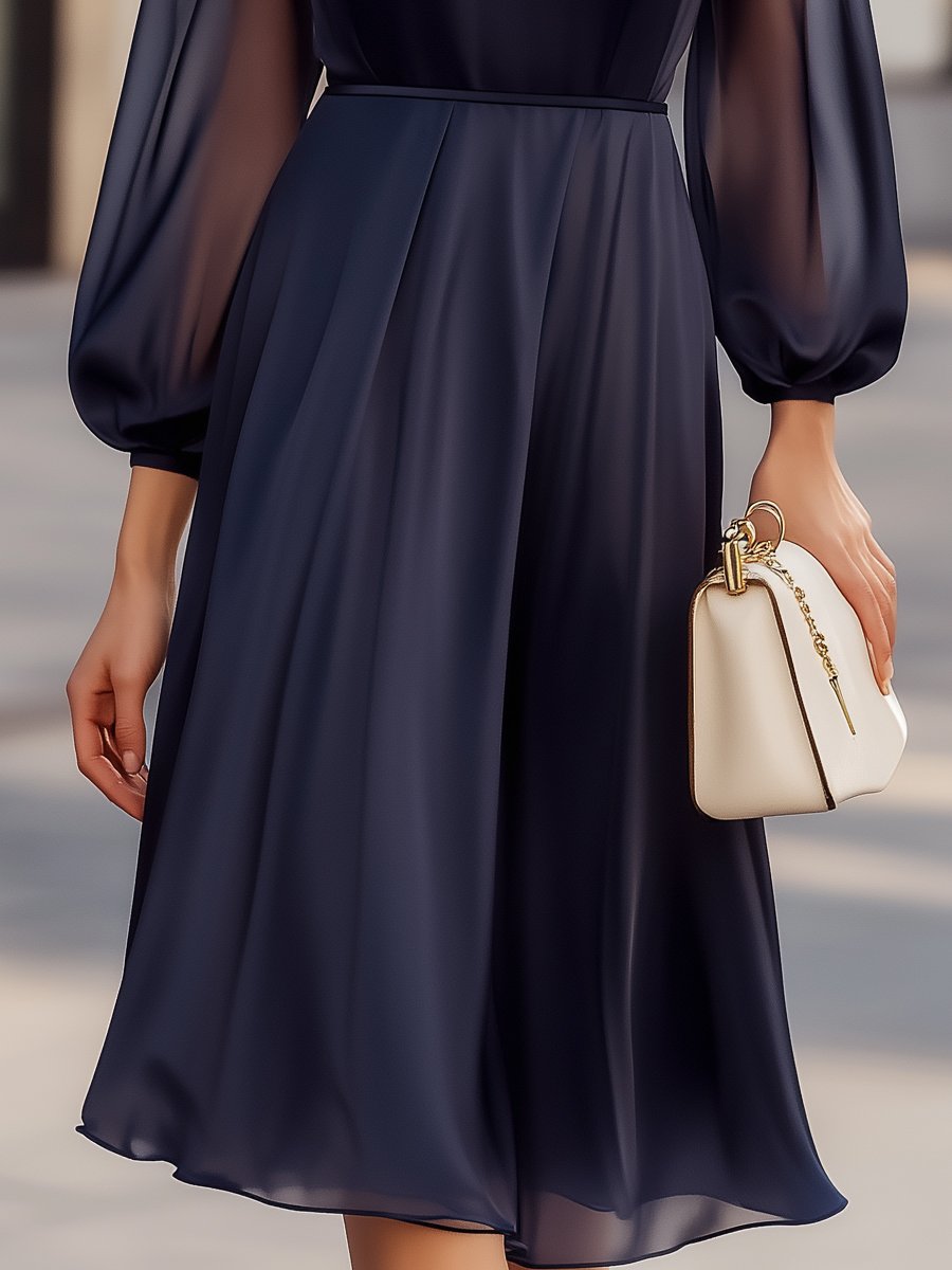 Elegant Navy Chiffon Dress with Sheer Sleeves MLZ