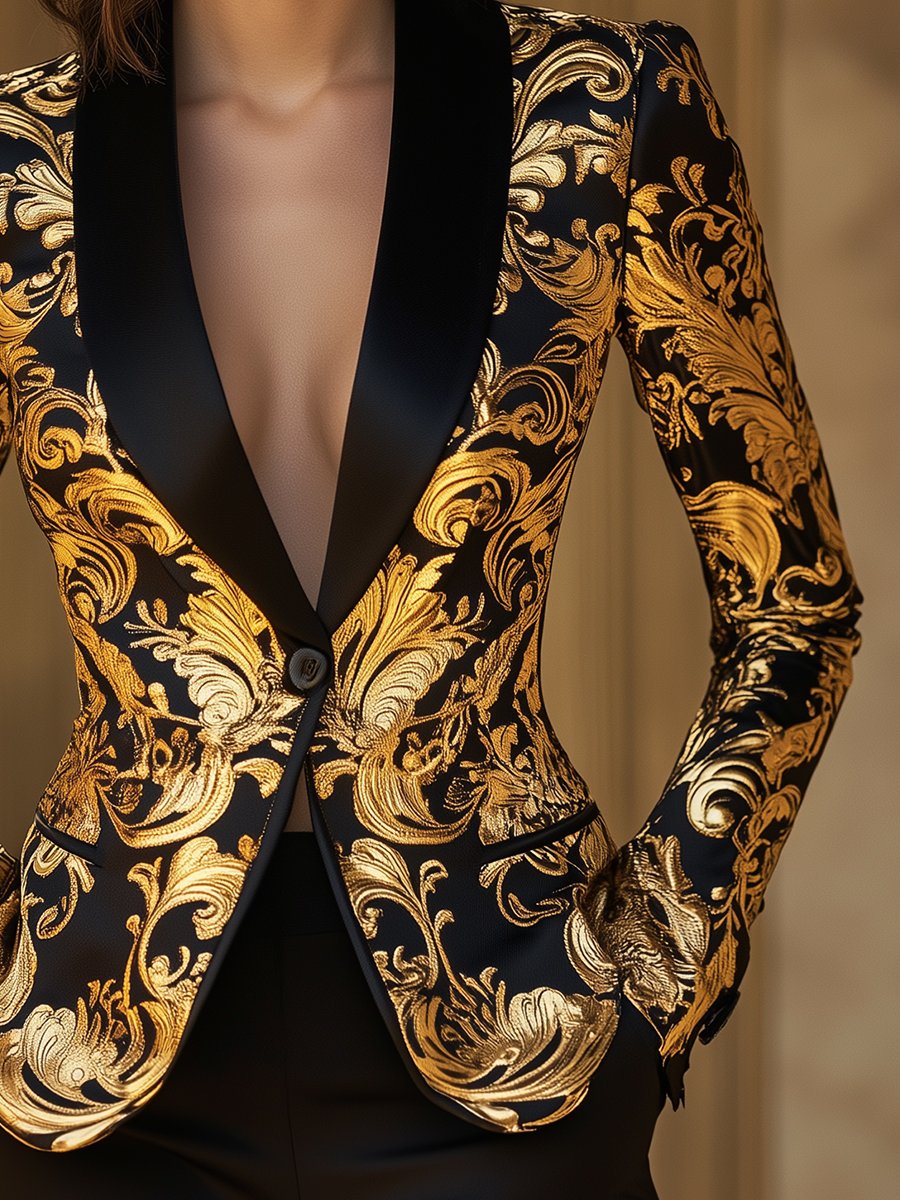 Opulent Black and Gold Blazer with Baroque Floral Printed ZJ