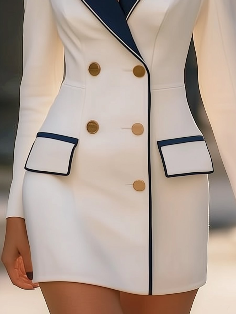 White Double-Breasted Blazer Dress with Navy Lapel MLZ