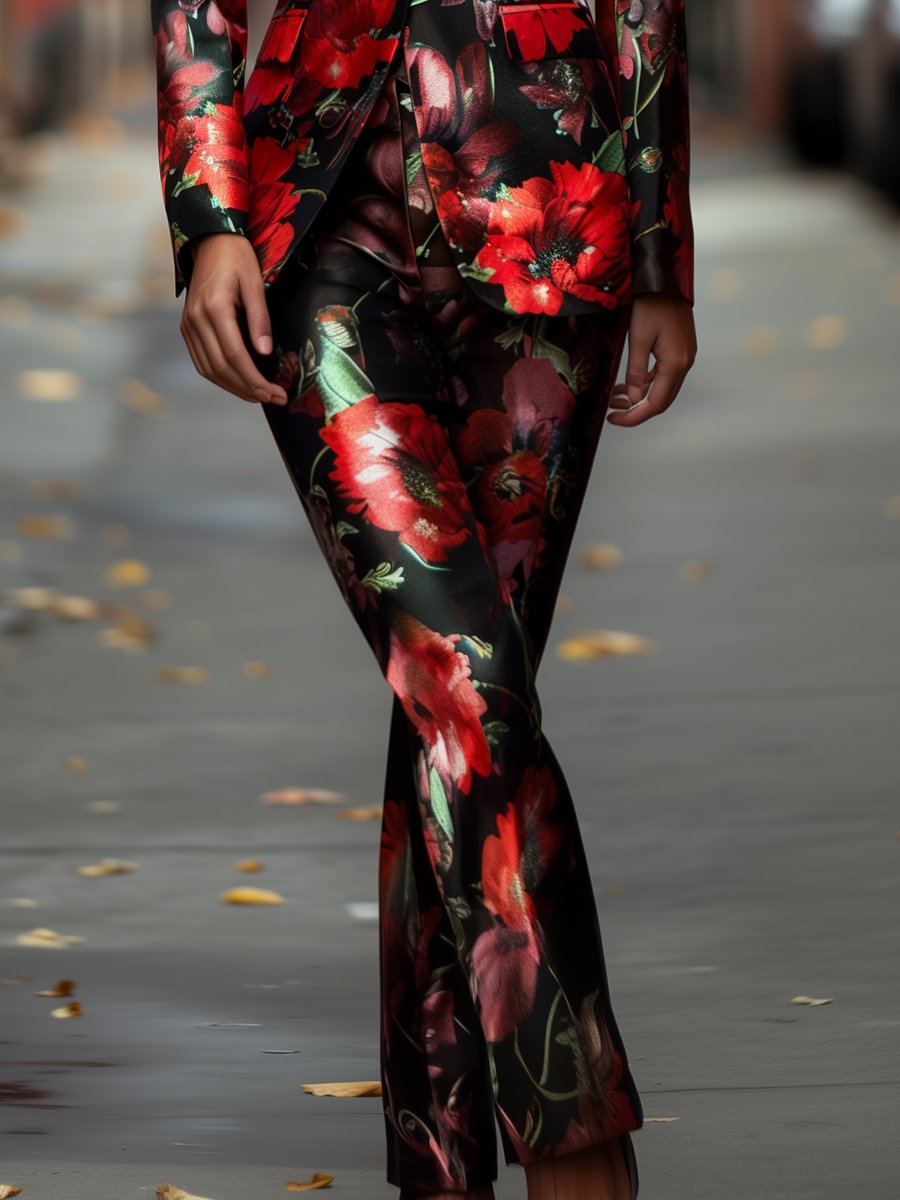 Bold Red Poppy Floral Printed Satin Suit ZJ