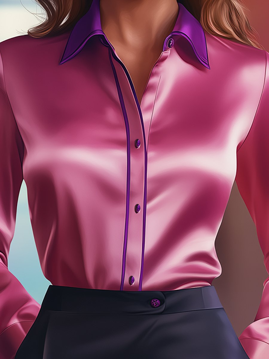 Bold Satin Blouse with Vibrant Pink and Purple Contrasts ZJ