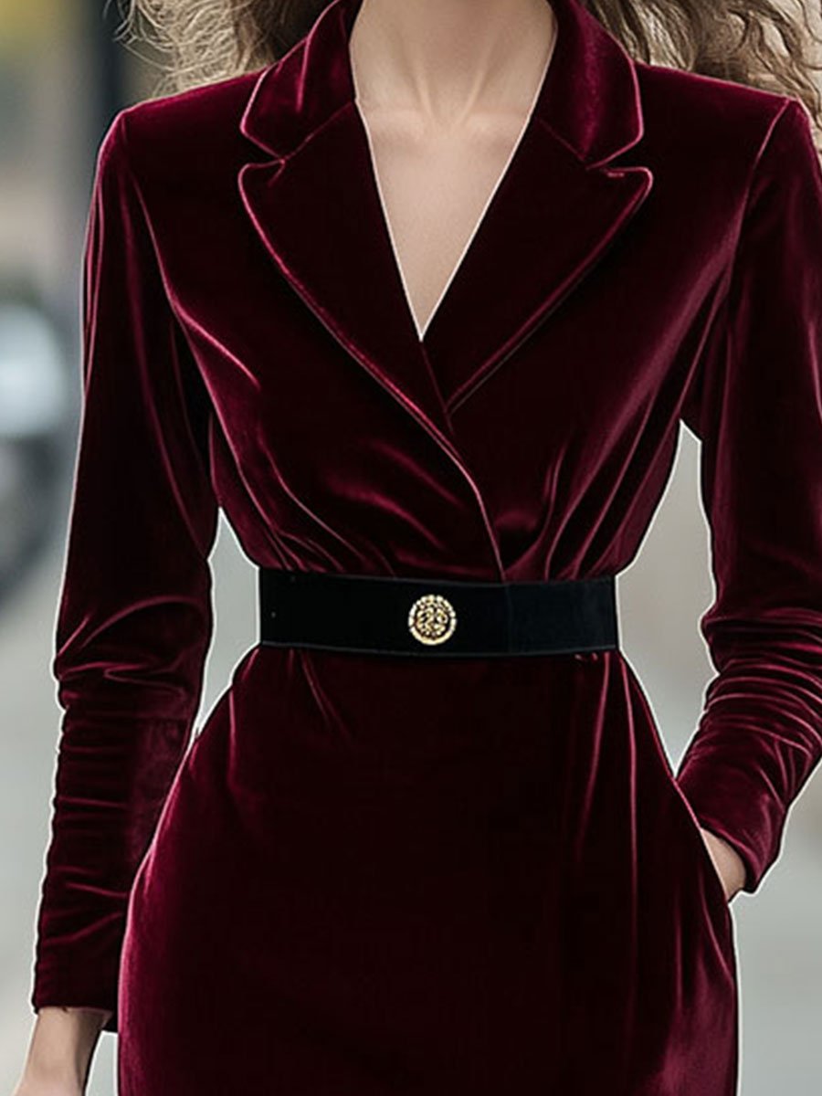 Classic Long-Sleeve Velvet Dress with Gold Accents HWT