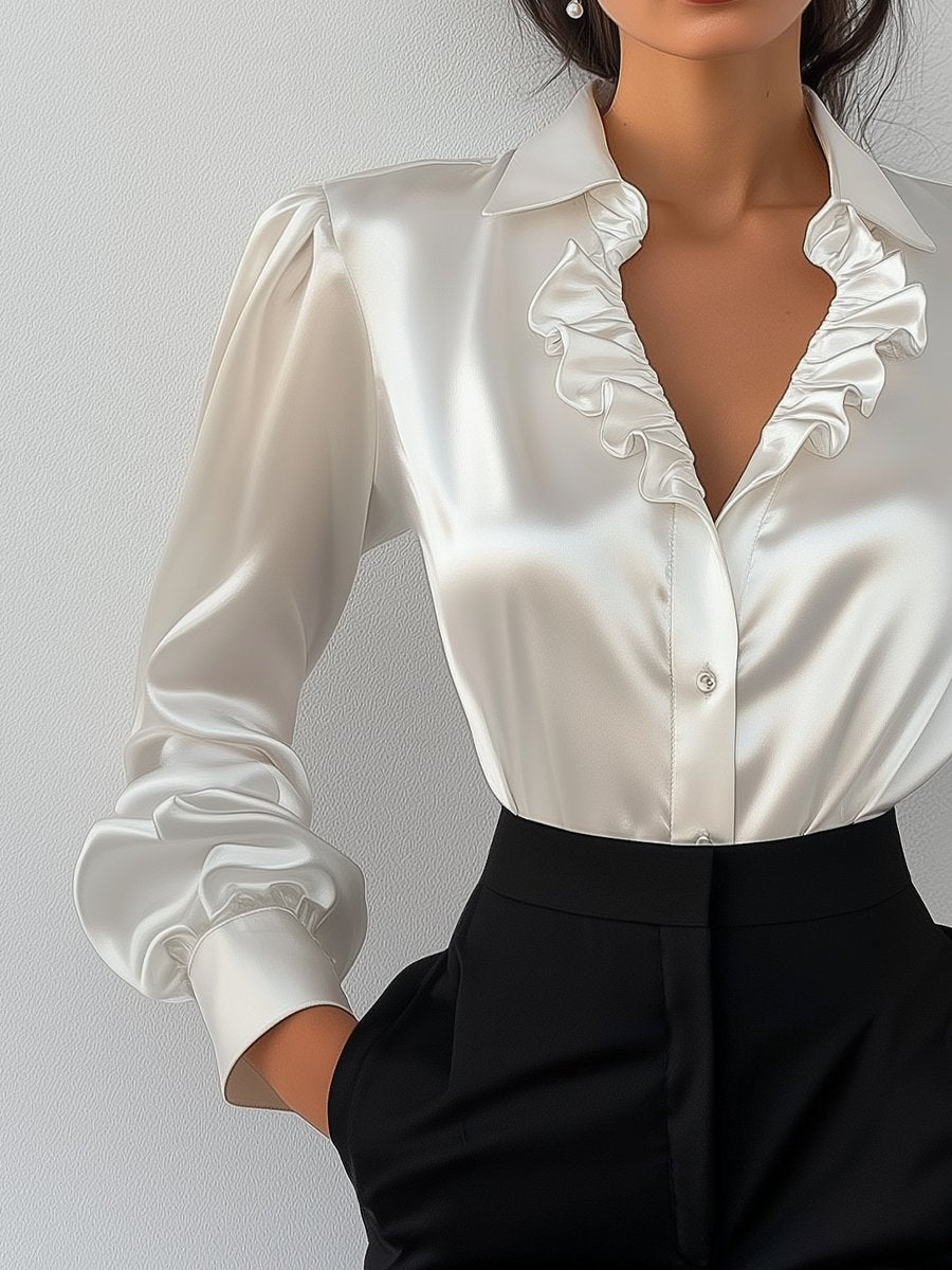 Elegant White Satin Blouse with Ruffled V-Neckline HWT