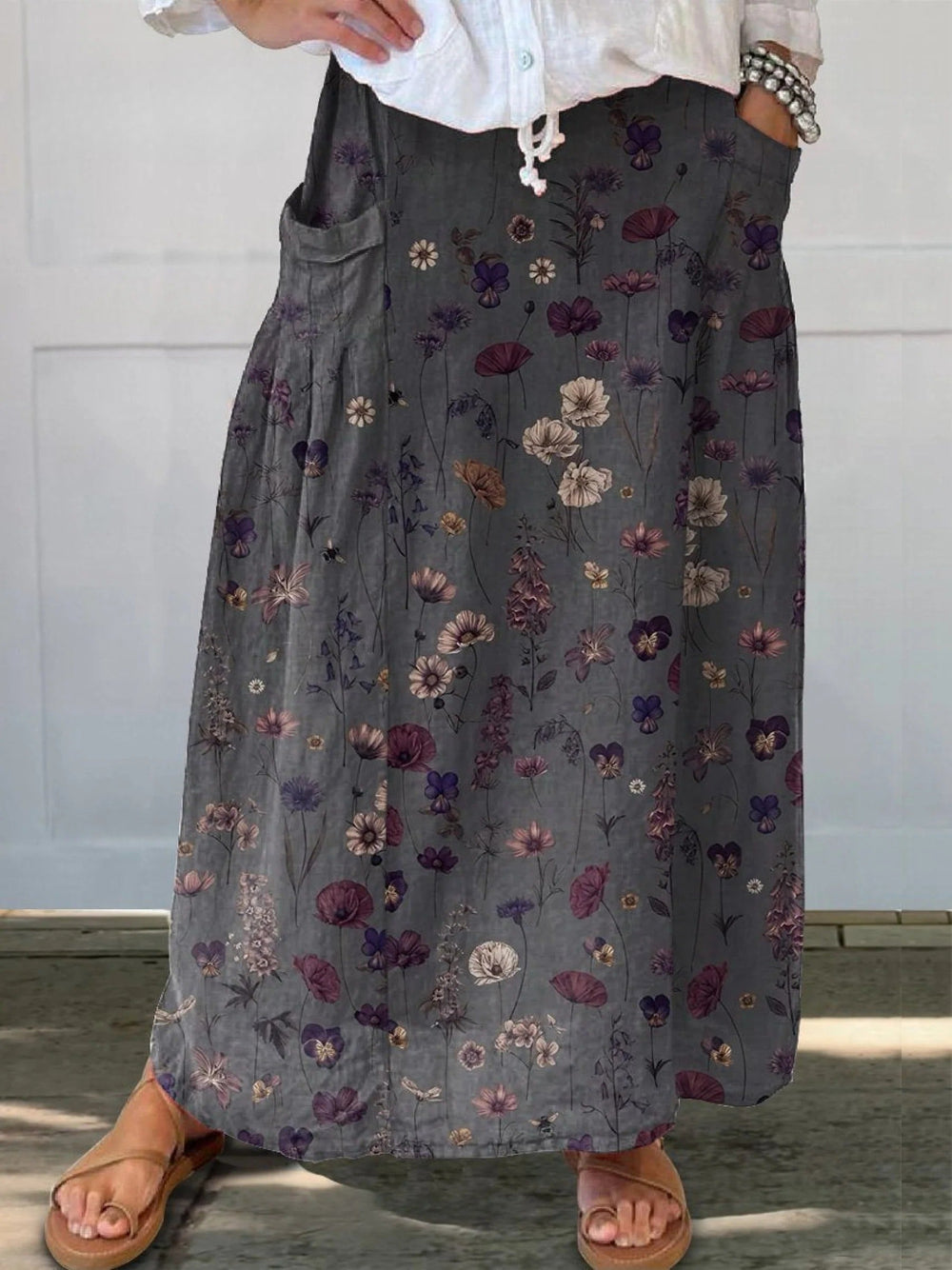 Nerys - Elegant Flower Print Pocket Skirt