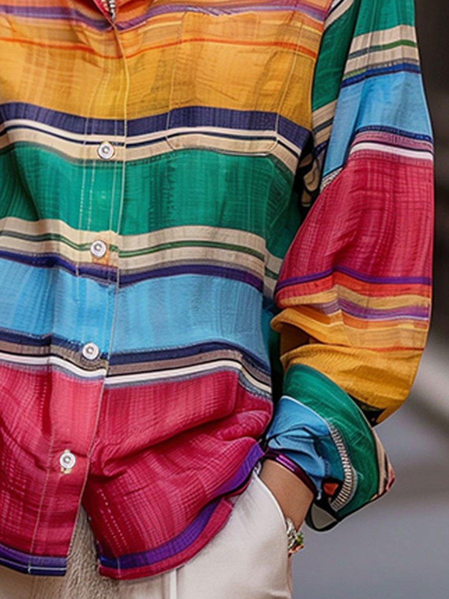 Chic Shirt Collar Rainbow Stripes Linen Blouse HWT