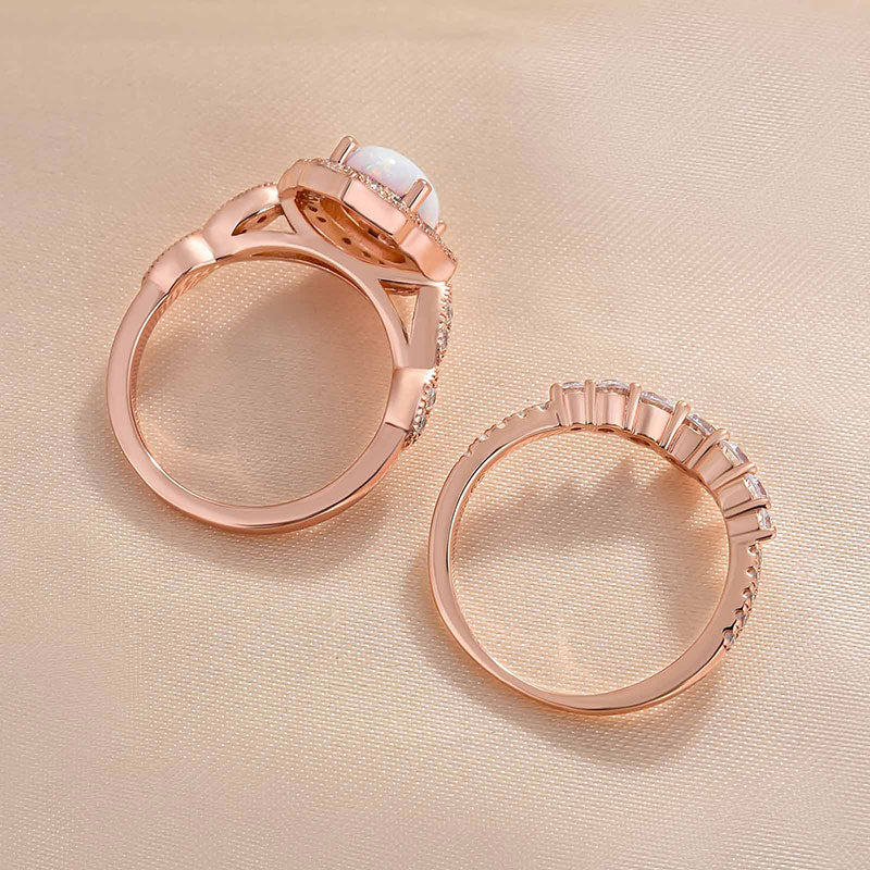 Elegant Rose Golden Tone Oval Cut Opal Bridal Set In Sterling Silver shineofdiamond