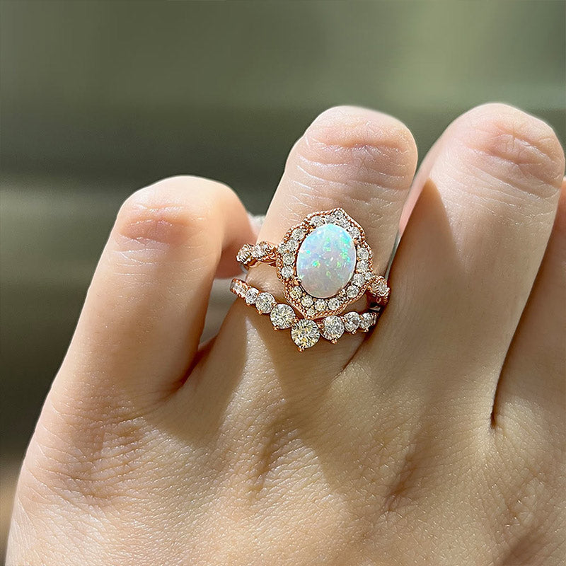 Elegant Rose Golden Tone Oval Cut Opal Bridal Set In Sterling Silver shineofdiamond