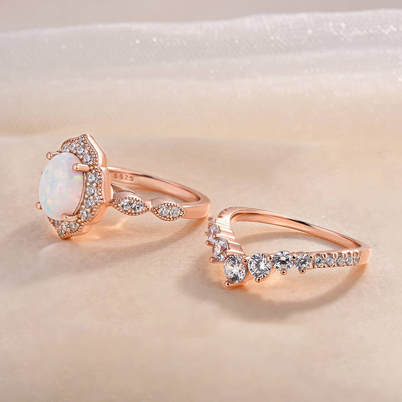 Elegant Rose Golden Tone Oval Cut Opal Bridal Set In Sterling Silver shineofdiamond