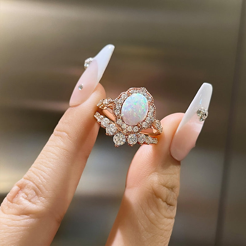 Elegant Rose Golden Tone Oval Cut Opal Bridal Set In Sterling Silver shineofdiamond