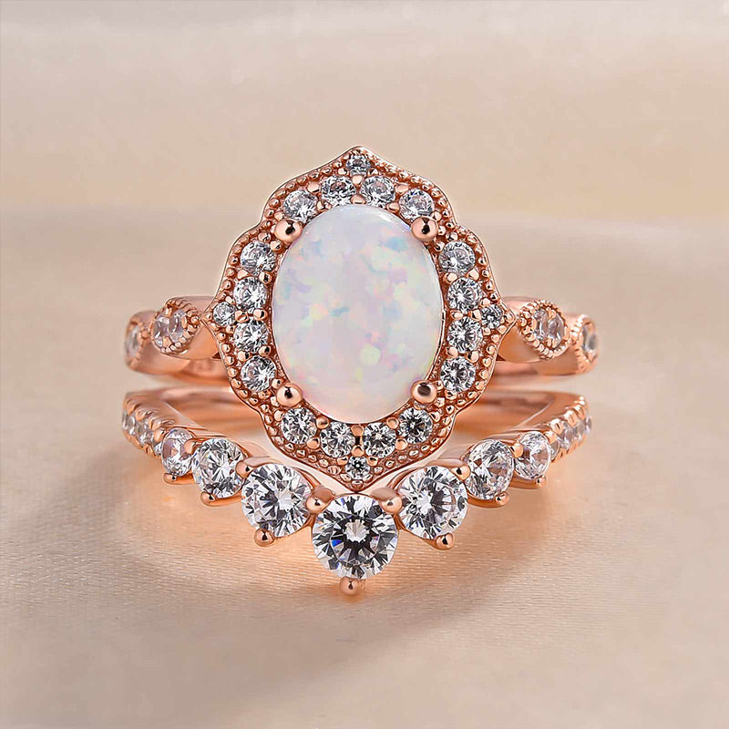 Elegant Rose Golden Tone Oval Cut Opal Bridal Set In Sterling Silver shineofdiamond