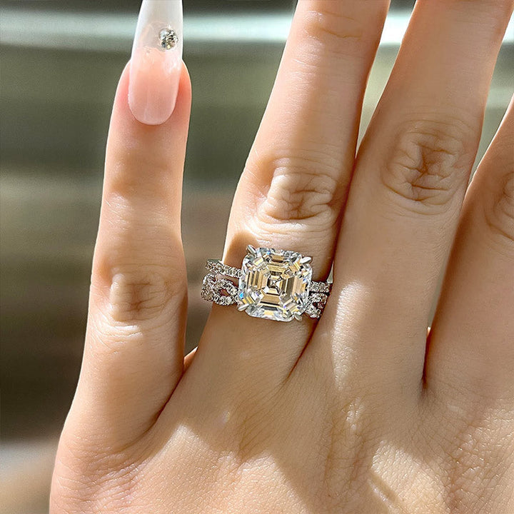 Stunning Asscher Cut Sterling Silver Bridal Set with Infinity Band shine of diamond