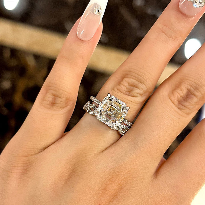 Stunning Asscher Cut Sterling Silver Bridal Set with Infinity Band shine of diamond