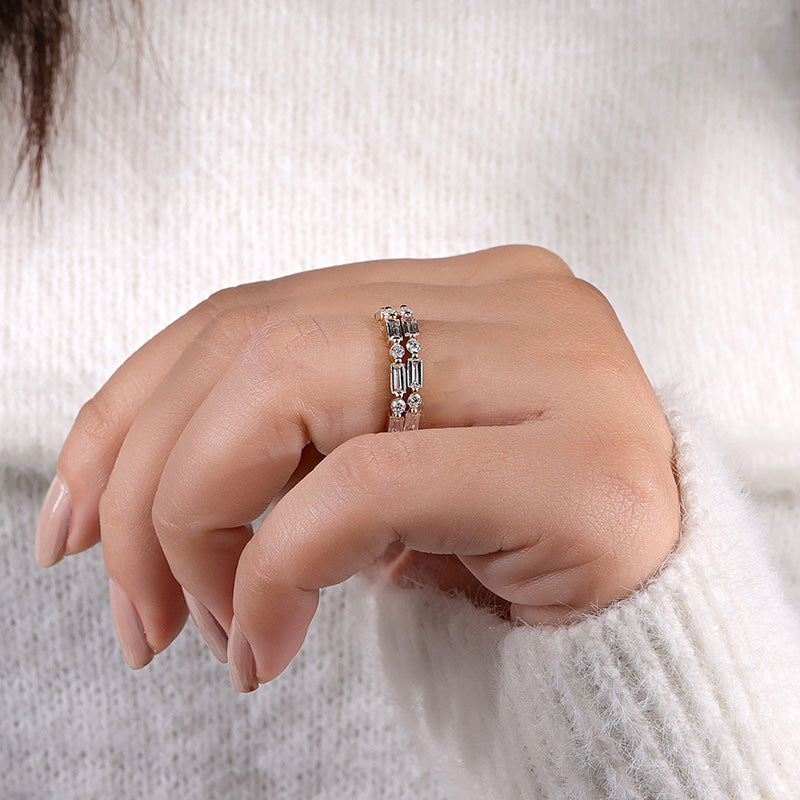 Emerald Cut & Round Cut Alternating Sterling Silver Wedding Band Set Shine of Diamond