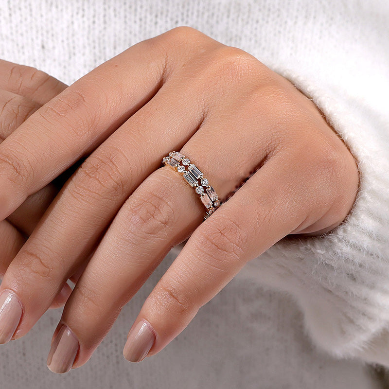 Emerald Cut & Round Cut Alternating Sterling Silver Wedding Band Set Shine of Diamond