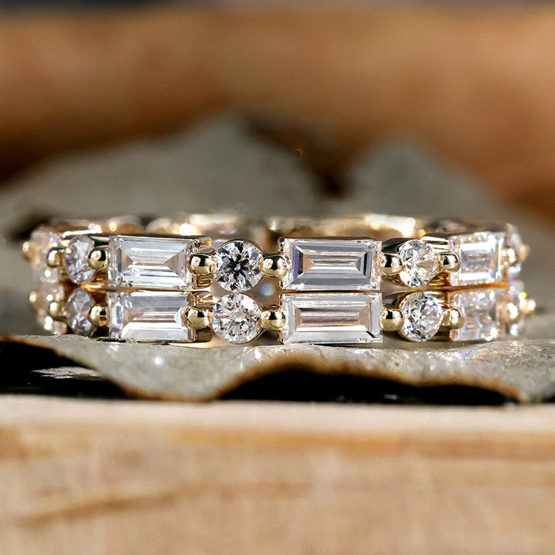 Emerald Cut & Round Cut Alternating Sterling Silver Wedding Band Set Shine of Diamond