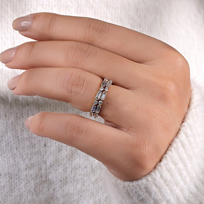 Emerald Cut & Round Cut Alternating Sterling Silver Wedding Band Set Shine of Diamond