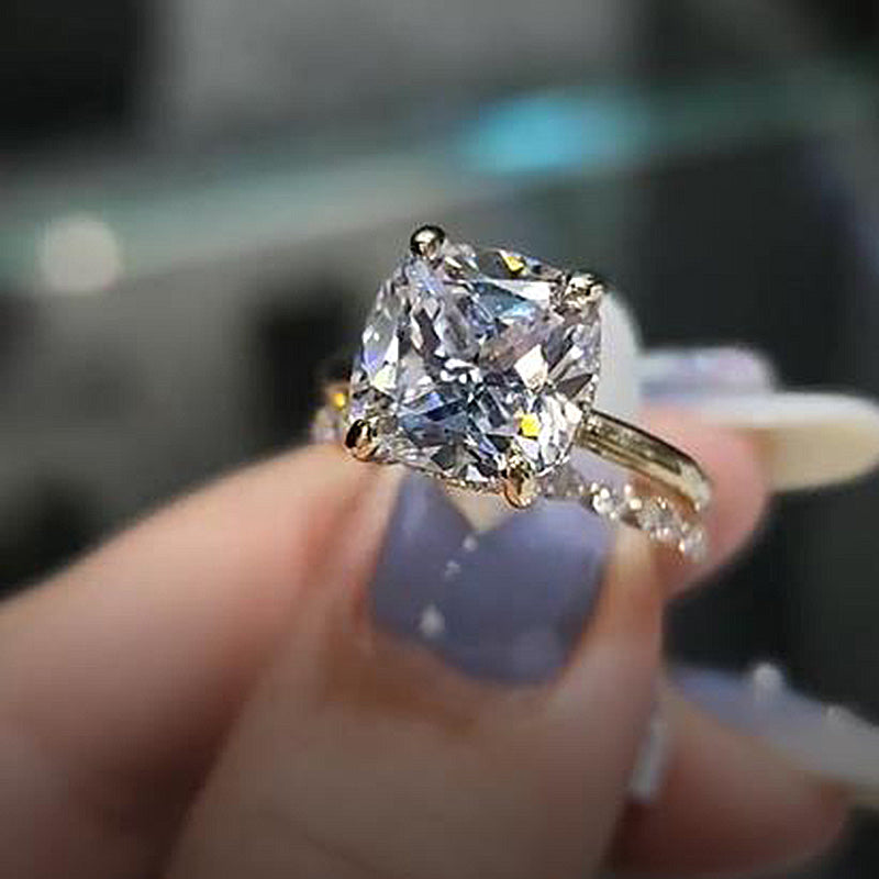 Cushion Cut Golden Tone Bridal Ring Set In Sterling Silver Shineofdiamond