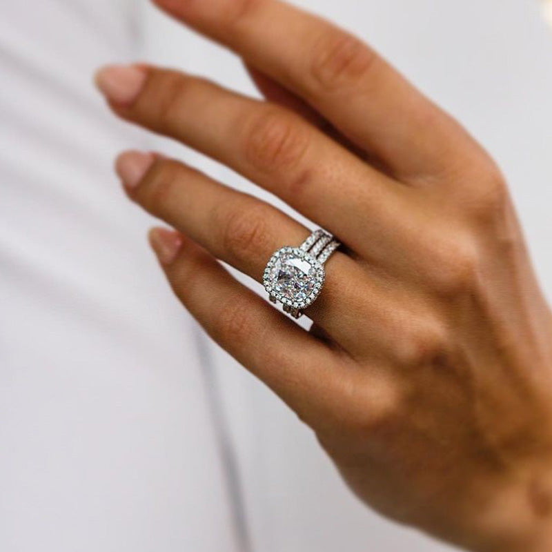 Elegant 3PC Cushion Cut Halo Wedding Set In Sterling Silver shineofdiamond