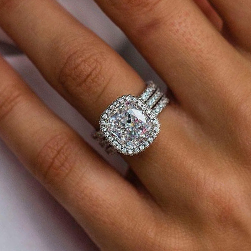 Elegant 3PC Cushion Cut Halo Wedding Set In Sterling Silver shineofdiamond