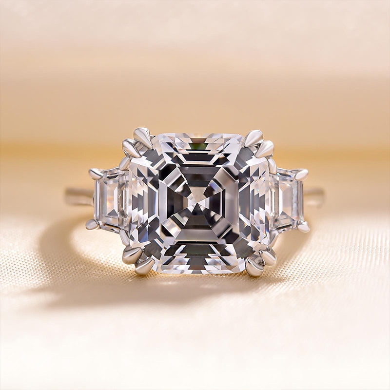 Exclusive Asscher Cut Three Stone Engagement Ring In Sterling Silver Juluro
