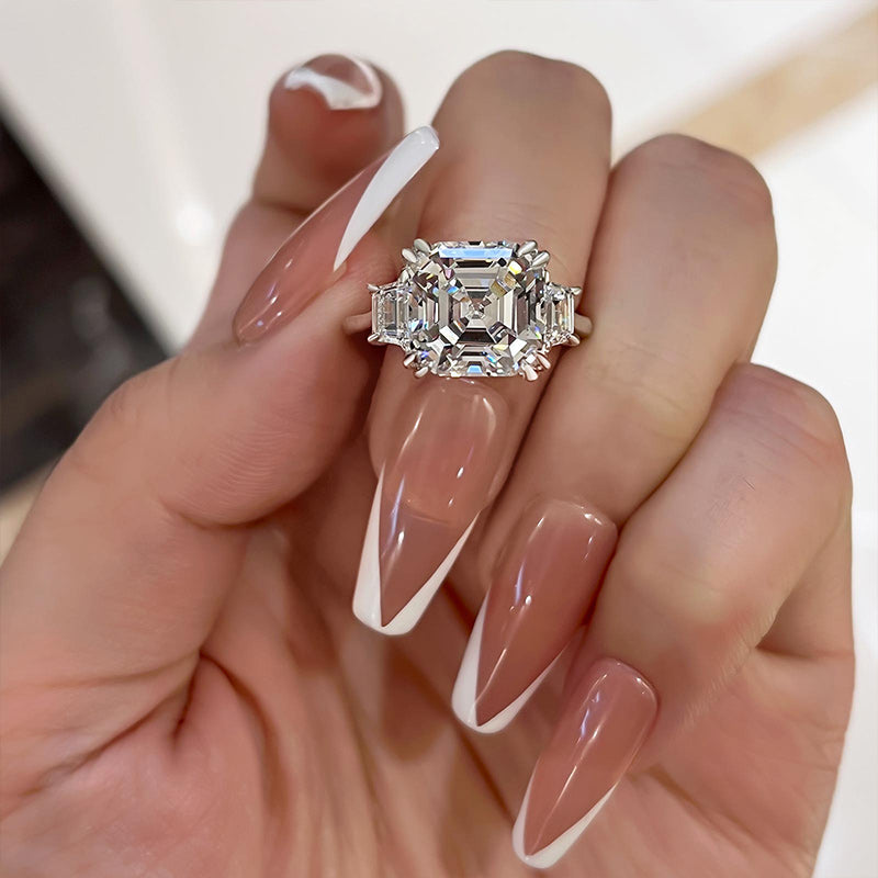 Exclusive Asscher Cut Three Stone Engagement Ring In Sterling Silver Juluro