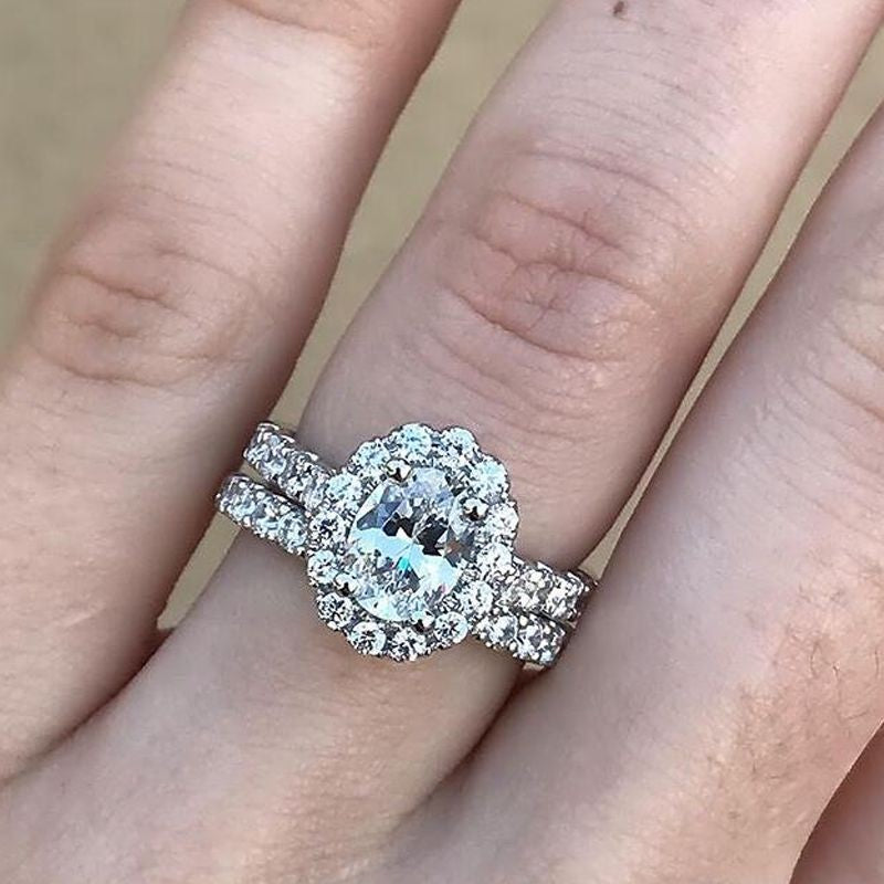 5PCS Dainty Halo Oval Cut Bridal Set In Sterling Silver Shineofdiamond